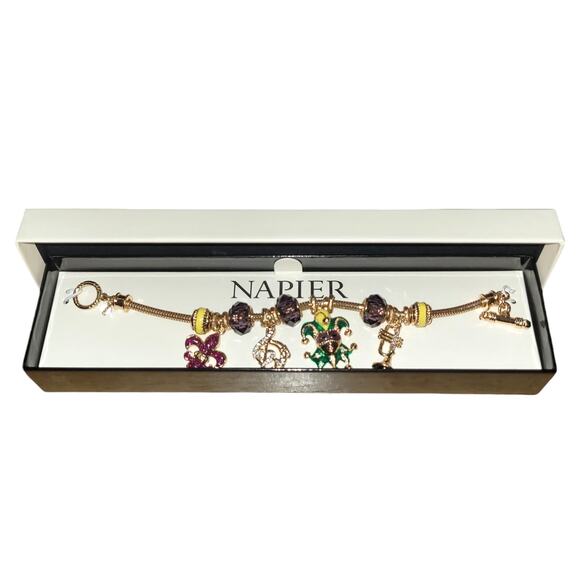 Napier Mardi Gras Charm Bracelet 7.5” Gold Tone Purple Yellow Beads Mask Trumpet - Picture 5 of 6